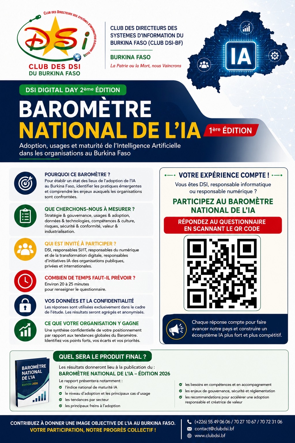 Affiche de présentation du Baromètre National de l'IA du Club des DSI Burkina Faso : pourquoi ce baromètre, ce qui est mesuré, qui est invité à participer, durée du questionnaire, confidentialité des données et ce que chaque organisation en retire.